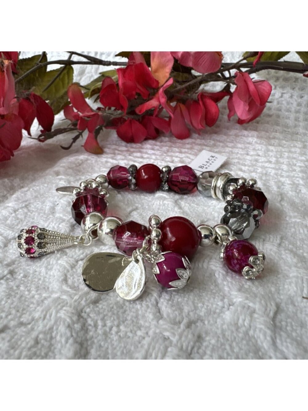 WHBM Ruby Red Silvertone Dangle Charm Bead Rhinestone Stackable Bracelet - NWT